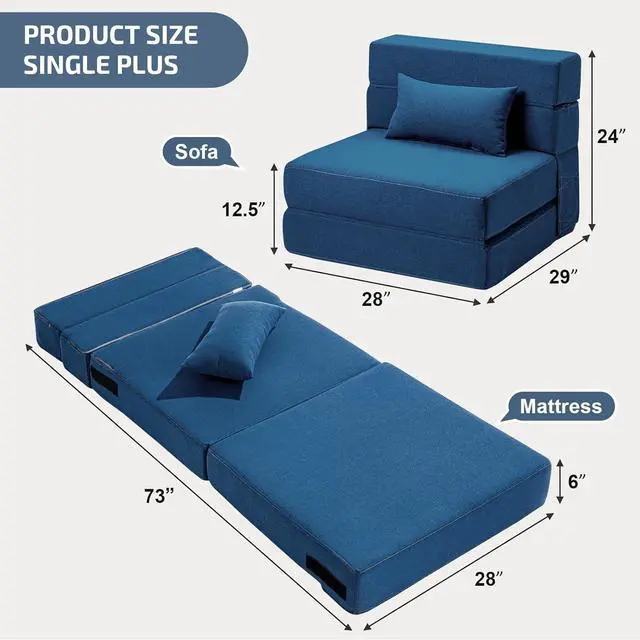 Alt view image 2 of 6 - Folding Sofa Bed with Pillow- Convertible Chair Floor Couch & Sleeping Mattress, Foldable Memory Foam Sleeper for Living Room/Dorm/Guest Room/Home Office/Apartment/Loft, Single28, Navy Blue
