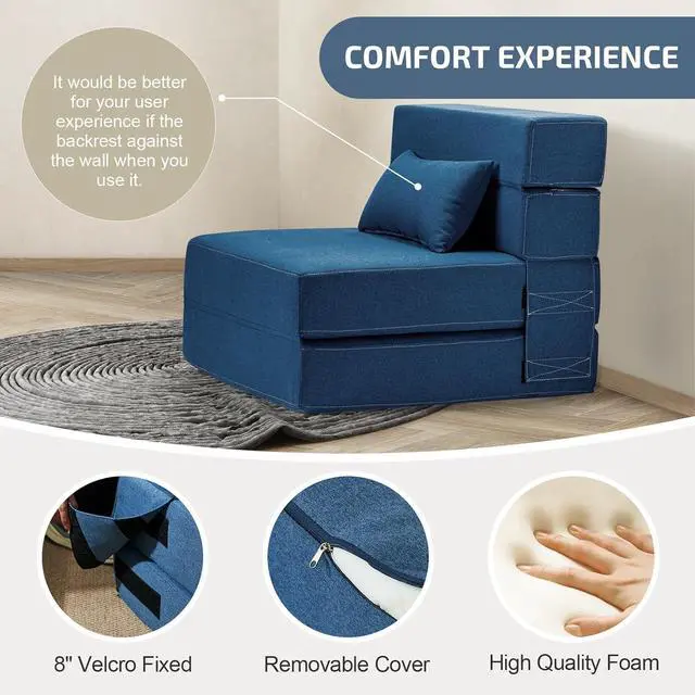 Alt view image 4 of 6 - Folding Sofa Bed with Pillow- Convertible Chair Floor Couch & Sleeping Mattress, Foldable Memory Foam Sleeper for Living Room/Dorm/Guest Room/Home Office/Apartment/Loft, Single28, Navy Blue