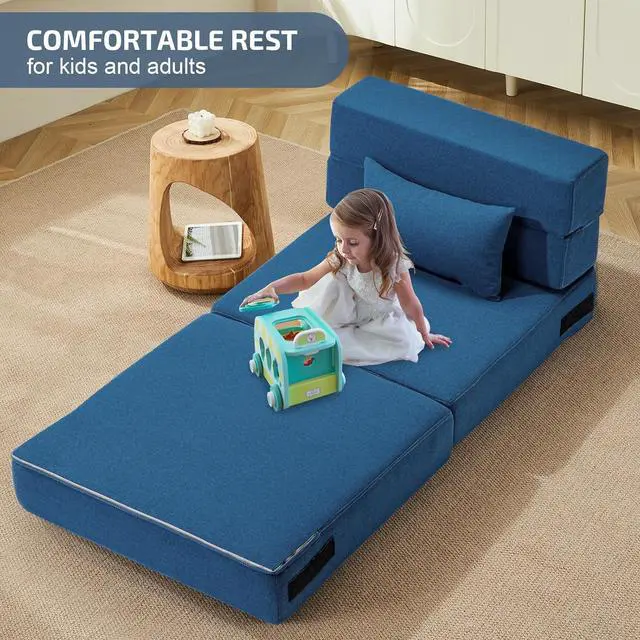 Alt view image 3 of 6 - Folding Sofa Bed with Pillow- Convertible Chair Floor Couch & Sleeping Mattress, Foldable Memory Foam Sleeper for Living Room/Dorm/Guest Room/Home Office/Apartment/Loft, Single28, Navy Blue