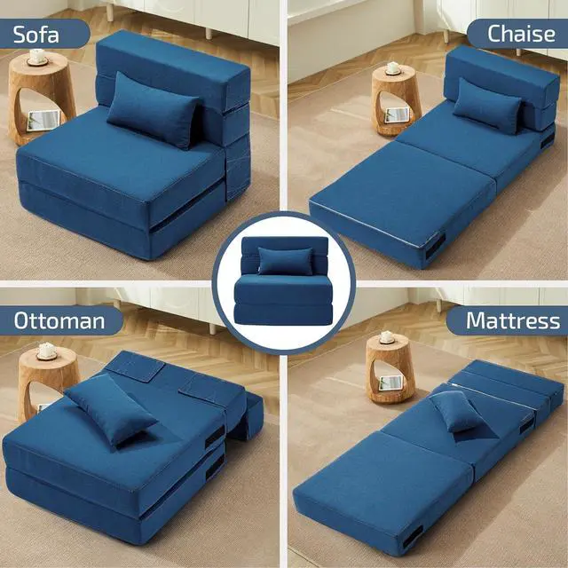 Alt view image 5 of 6 - Folding Sofa Bed with Pillow- Convertible Chair Floor Couch & Sleeping Mattress, Foldable Memory Foam Sleeper for Living Room/Dorm/Guest Room/Home Office/Apartment/Loft, Single28, Navy Blue