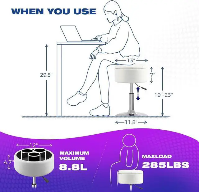 Alt view image 3 of 7 - GREENSTELL Vanity Stool with Storage, 19" to 23" Height Adjustable PU Leather Vanity Chair, 360° Swivel Makeup Stool with Removeable Tray, Modern Ottoman for Bedroom Bathroom, White