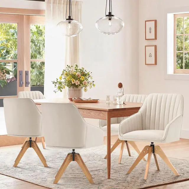 Alt view image 5 of 7 - Furniliving Mid Century Modern Swivel Accent Chair for Living Room, Wood Desk Chair with Arms Mid Back Arm Chairs Upholstered Vanity Chair No Wheels for Home Office/Bedroom, Faux Linen Beige