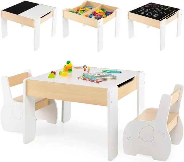 Main image of Costzon Kids Table and Chair Set, 4 in 1 Wooden Activity Table & 2 Chairs with Detachable Blackboard for Arts, Crafts, Drawing, Reading, Storage, 3 PCS Toddler Table and Chairs for Boys Girls (White)