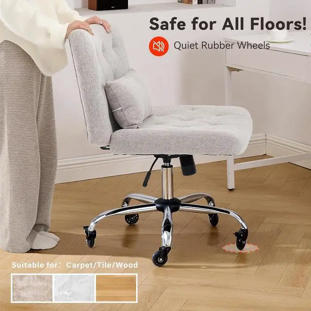 Alt view image 5 of 7 - Criss Cross Chair with Rubber Wheels, Armless Office Desk Chair with Lumbar Pillow, Wide Comfy Vanity Rolling Swivel Modern Comfortable Fabric Computer Task Chairs for Home Office (Grey)