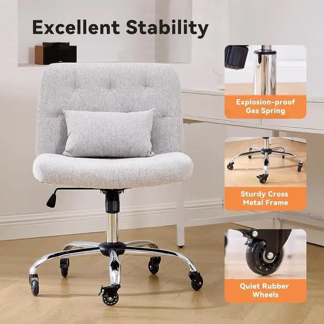 Alt view image 7 of 7 - Criss Cross Chair with Rubber Wheels, Armless Office Desk Chair with Lumbar Pillow, Wide Comfy Vanity Rolling Swivel Modern Comfortable Fabric Computer Task Chairs for Home Office (Grey)