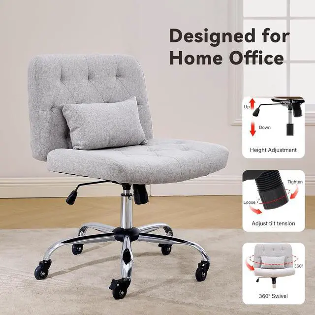 Alt view image 4 of 7 - Criss Cross Chair with Rubber Wheels, Armless Office Desk Chair with Lumbar Pillow, Wide Comfy Vanity Rolling Swivel Modern Comfortable Fabric Computer Task Chairs for Home Office (Grey)