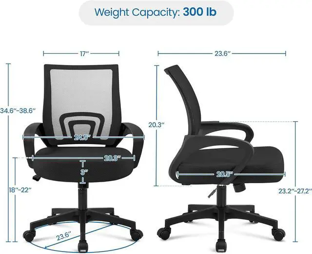 Alt view image 3 of 7 - Yaheetech Office Chair Mid Back Swivel Lumbar Support Desk Chair, Height Adjustable Computer Ergonomic Mesh Chair with Armrest Black, 2-Pack