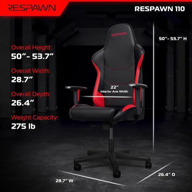 Alt view image 3 of 7 - RESPAWN 110 Gaming Chair - Gamer Chair PC Computer Chair, Ergonomic Gaming Chairs, Office Chair with Integrated Headrest, Gaming Chair for Adults 135 Degree Recline with Angle Lock - Red