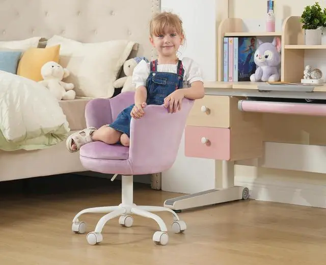 Alt view image 6 of 7 - CIMOTA Cute Kids Desk Chair,Velvet Bedroom Chair Adjustable Child Computer Chair Swivel Shell Vanity Chairs for Girls Bedroom/Study Room, Light Purple