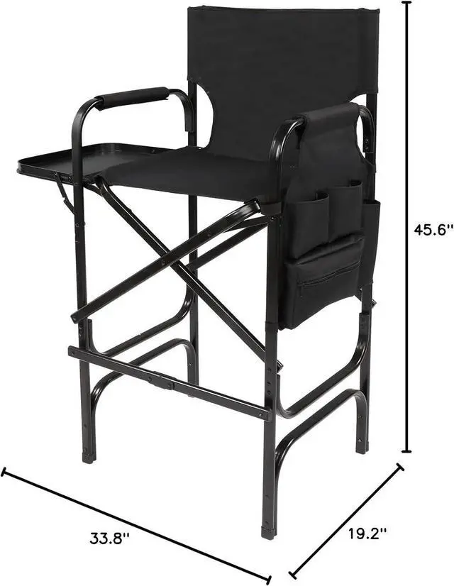 Alt view image 3 of 7 - OmySalon 31" Tall Directors Chair Black Folding with Side Table Storage Bag,Aluminum Frame 300 lbs Capacity, 33.8" L x 19.2" W x 45.6" H,Portable Makeup Artist Bar Height