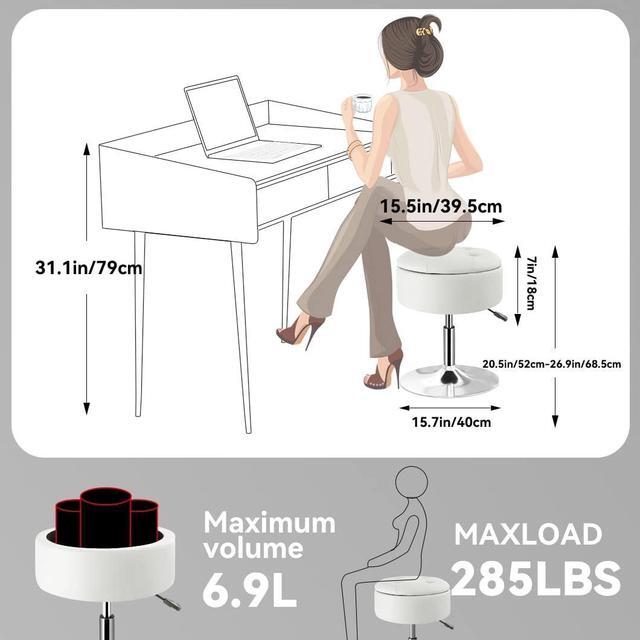 Alt view image 3 of 7 - Vanity Stool with Storage, Makeup Room Seat Chair, Adjustable Height 17.9" to 24.4", PU Leather Round Vanity Chair with Removable Tray, Bathroom, Bedroom, Office, 360° Swivel Stool, White