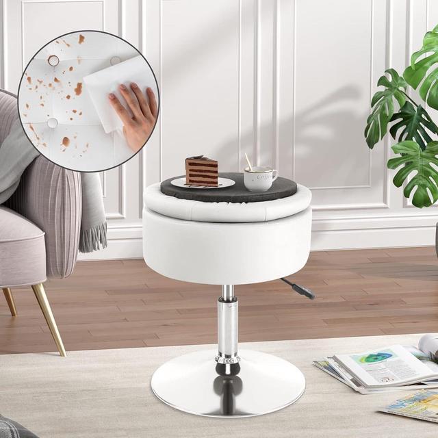 Alt view image 2 of 7 - Vanity Stool with Storage, Makeup Room Seat Chair, Adjustable Height 17.9" to 24.4", PU Leather Round Vanity Chair with Removable Tray, Bathroom, Bedroom, Office, 360° Swivel Stool, White