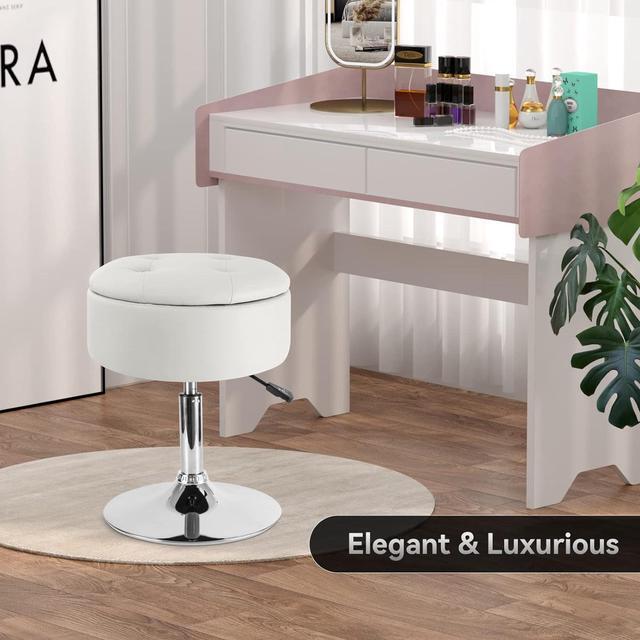 Alt view image 4 of 7 - Vanity Stool with Storage, Makeup Room Seat Chair, Adjustable Height 17.9" to 24.4", PU Leather Round Vanity Chair with Removable Tray, Bathroom, Bedroom, Office, 360° Swivel Stool, White