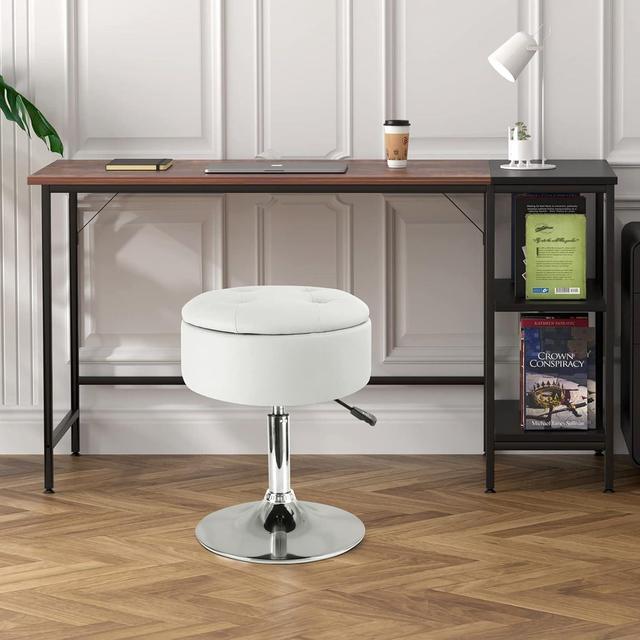 Alt view image 6 of 7 - Vanity Stool with Storage, Makeup Room Seat Chair, Adjustable Height 17.9" to 24.4", PU Leather Round Vanity Chair with Removable Tray, Bathroom, Bedroom, Office, 360° Swivel Stool, White