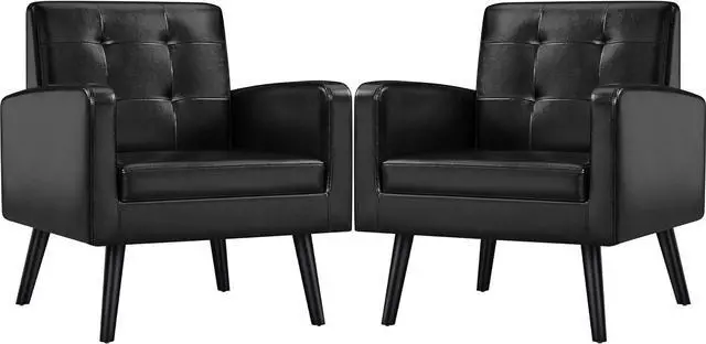 Main image of Yaheetech Mid-Century Accent Chairs, PU Leather Modern Upholstered Living Room Chair, Cozy Armchair Button Tufted Back and Wood Legs for Bedroom/Office/Cafe Black 2PCS