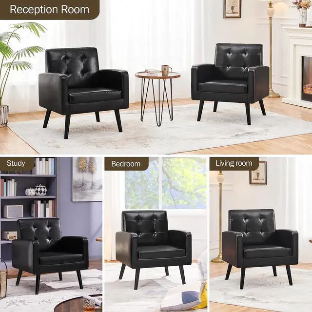 Alt view image 7 of 7 - Yaheetech Mid-Century Accent Chairs, PU Leather Modern Upholstered Living Room Chair, Cozy Armchair Button Tufted Back and Wood Legs for Bedroom/Office/Cafe Black 2PCS