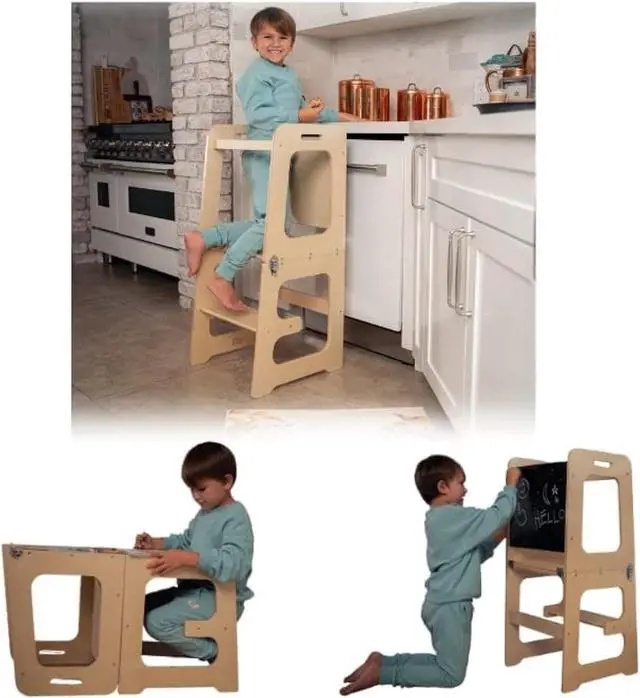 Main image of 4-in-1 Toddler Tower Kitchen Helper  Avenlur Folding Montessori Kitchen Stool  Wooden Step Stool for Kids, Toddler Desk, Chalkboard  Learning & Kitchen Helper Stool for Toddlers Age 2-6