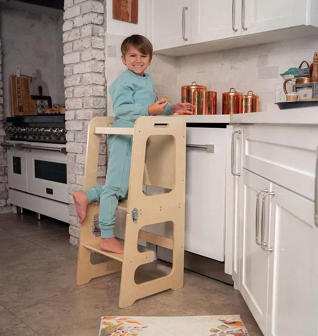 Alt view image 2 of 7 - 4-in-1 Toddler Tower Kitchen Helper  Avenlur Folding Montessori Kitchen Stool  Wooden Step Stool for Kids, Toddler Desk, Chalkboard  Learning & Kitchen Helper Stool for Toddlers Age 2-6