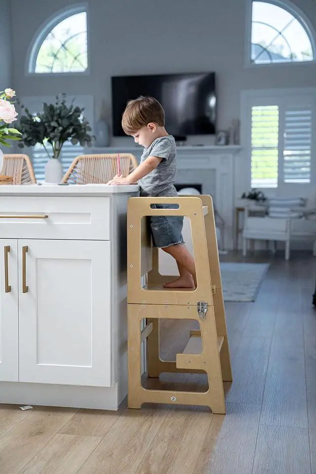 Alt view image 4 of 7 - 4-in-1 Toddler Tower Kitchen Helper  Avenlur Folding Montessori Kitchen Stool  Wooden Step Stool for Kids, Toddler Desk, Chalkboard  Learning & Kitchen Helper Stool for Toddlers Age 2-6
