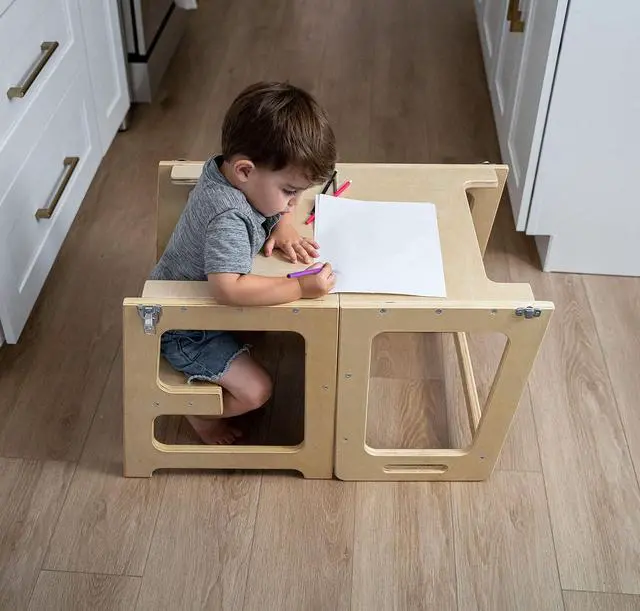 Alt view image 5 of 7 - 4-in-1 Toddler Tower Kitchen Helper  Avenlur Folding Montessori Kitchen Stool  Wooden Step Stool for Kids, Toddler Desk, Chalkboard  Learning & Kitchen Helper Stool for Toddlers Age 2-6