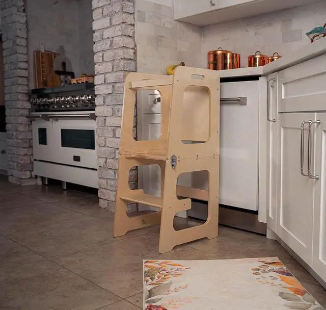 Alt view image 6 of 7 - 4-in-1 Toddler Tower Kitchen Helper  Avenlur Folding Montessori Kitchen Stool  Wooden Step Stool for Kids, Toddler Desk, Chalkboard  Learning & Kitchen Helper Stool for Toddlers Age 2-6