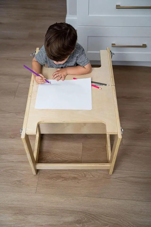 Alt view image 7 of 7 - 4-in-1 Toddler Tower Kitchen Helper  Avenlur Folding Montessori Kitchen Stool  Wooden Step Stool for Kids, Toddler Desk, Chalkboard  Learning & Kitchen Helper Stool for Toddlers Age 2-6