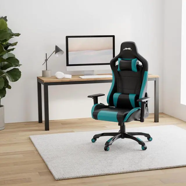 Alt view image 2 of 7 - Leopard Gaming Chair, High Back PU Leather Office Chair, Adjustable Video Gaming Chairs, Swivel Racing Chair with Adjustable Armrest (Black/Light Blue)