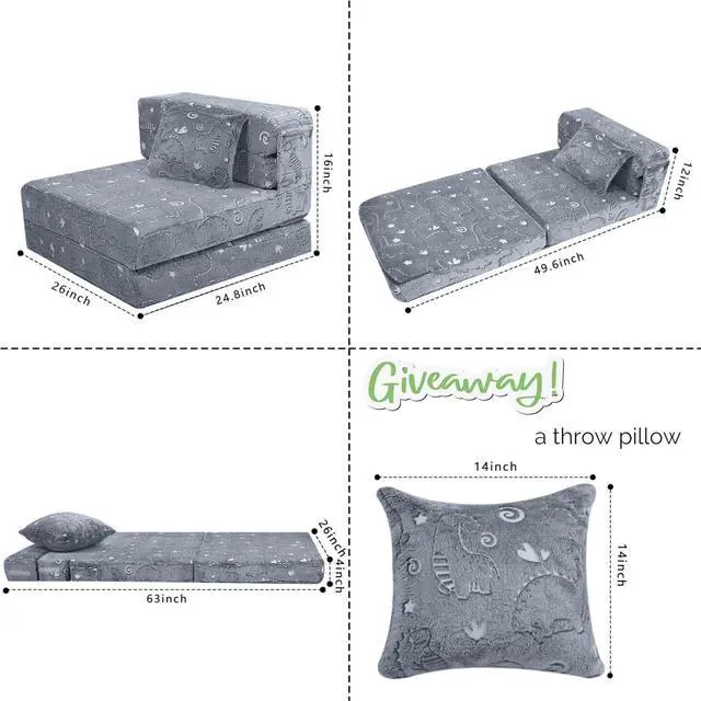 Alt view image 3 of 7 - MeMoreCool Kids Floor Mattress Glow in The Dark, Convertible Sofa Couch, Folding Futon Chair Bed Sleeper for Baby Playroom (Glowing Dinosaur)