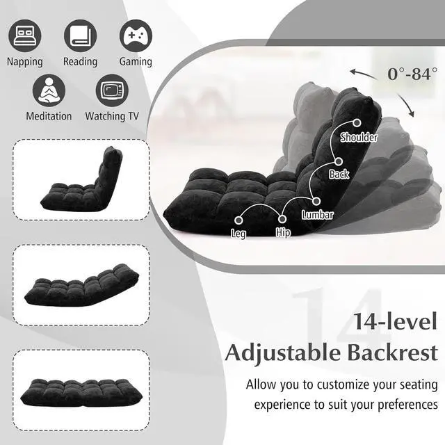 Alt view image 4 of 7 - Floor Chair with Back Support, Floor Gaming Chairs w/ 14 Adjustable Position, Padded Sleeper Bed, Couch Recliner, Folding Floor Seating for Living Room, Sofa Chair for Adults (Black)