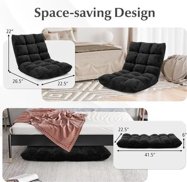 Alt view image 6 of 7 - Floor Chair with Back Support, Floor Gaming Chairs w/ 14 Adjustable Position, Padded Sleeper Bed, Couch Recliner, Folding Floor Seating for Living Room, Sofa Chair for Adults (Black)