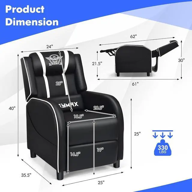 Alt view image 3 of 7 - GYMAX Gaming Recliner, Massage Gaming Chair w/Adjustable Footrest, Remote Control & Side Pocket, Ergonomic Game Lounge Chair, Racing Style Single Theater Seat Game Sofa for Adults (White)