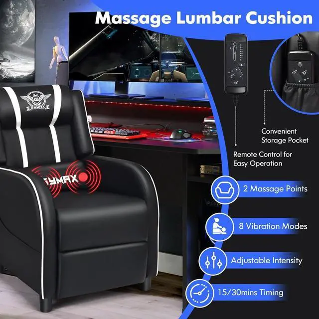 Alt view image 4 of 7 - GYMAX Gaming Recliner, Massage Gaming Chair w/Adjustable Footrest, Remote Control & Side Pocket, Ergonomic Game Lounge Chair, Racing Style Single Theater Seat Game Sofa for Adults (White)