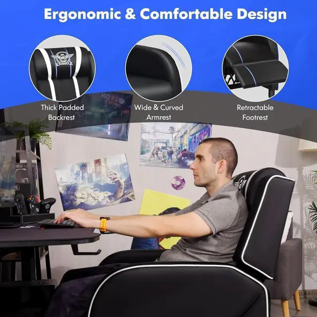 Alt view image 6 of 7 - GYMAX Gaming Recliner, Massage Gaming Chair w/Adjustable Footrest, Remote Control & Side Pocket, Ergonomic Game Lounge Chair, Racing Style Single Theater Seat Game Sofa for Adults (White)