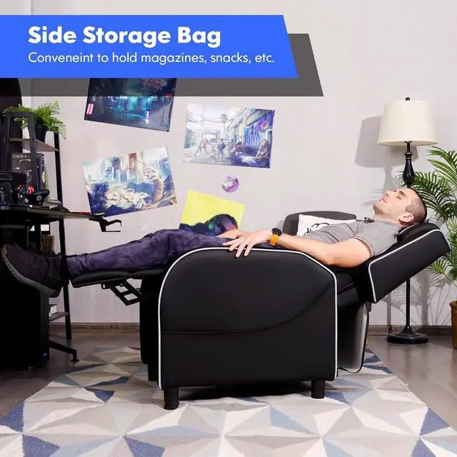 Alt view image 7 of 7 - GYMAX Gaming Recliner, Massage Gaming Chair w/Adjustable Footrest, Remote Control & Side Pocket, Ergonomic Game Lounge Chair, Racing Style Single Theater Seat Game Sofa for Adults (White)