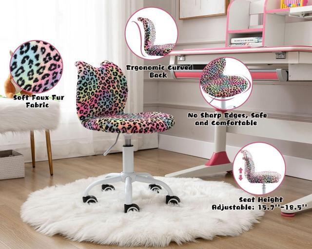Alt view image 5 of 7 - Modern Cute Cat Kids Desk Chair, Comfortable Fuzzy Small Desk Chair for Girls and Boys, Ergonomic Adjustable Swivel Computer Chair,Hello Kitty Vanity Chair Study Rolling Stools with Wheels, Leopard