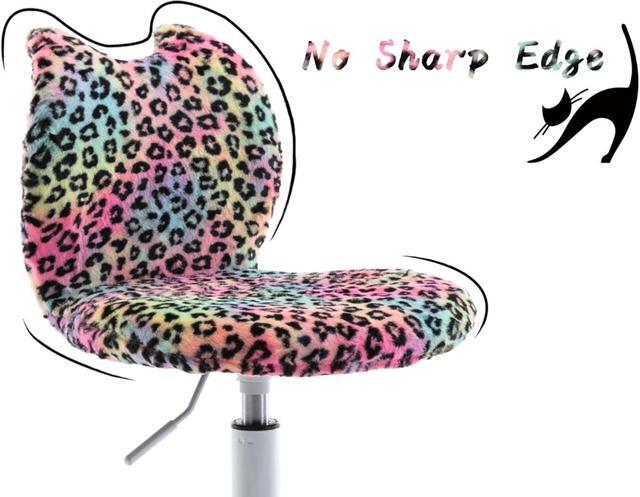 Alt view image 7 of 7 - Modern Cute Cat Kids Desk Chair, Comfortable Fuzzy Small Desk Chair for Girls and Boys, Ergonomic Adjustable Swivel Computer Chair,Hello Kitty Vanity Chair Study Rolling Stools with Wheels, Leopard