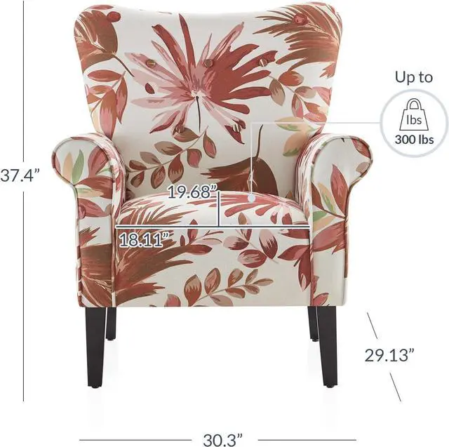Alt view image 3 of 6 - BELLEZE Modern Accent Chair for Living Room, High Back Floral Armchair with Wooden Legs, Upholstered Wingback Side Chair Padded Armrest Single Sofa for Living Room, Bedroom - Allston (Red Floral)