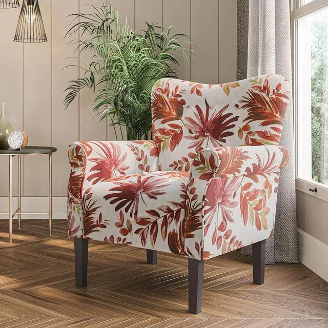 Alt view image 2 of 6 - BELLEZE Modern Accent Chair for Living Room, High Back Floral Armchair with Wooden Legs, Upholstered Wingback Side Chair Padded Armrest Single Sofa for Living Room, Bedroom - Allston (Red Floral)