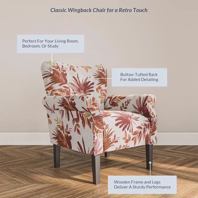 Alt view image 5 of 6 - BELLEZE Modern Accent Chair for Living Room, High Back Floral Armchair with Wooden Legs, Upholstered Wingback Side Chair Padded Armrest Single Sofa for Living Room, Bedroom - Allston (Red Floral)