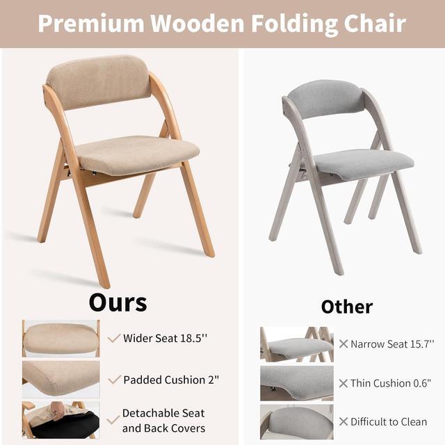 Alt view image 4 of 7 - HOMEFUN Folding Chairs with Padded Seats, Wooden Stackable Dining Chair Set of 2 with Removable Cover Extra for Guests Kitchen Office Wedding Party Picnic, Khaki