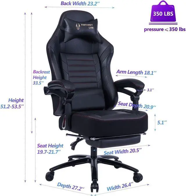 Alt view image 3 of 6 - Fantasylab Big and Tall Gaming Chair 400LBS Gaming Chair with Footrest Massage Gaming Chair Memory Foam Adjustable Tilt Back Angle Gaming Chair for Heavy People with Metal Base