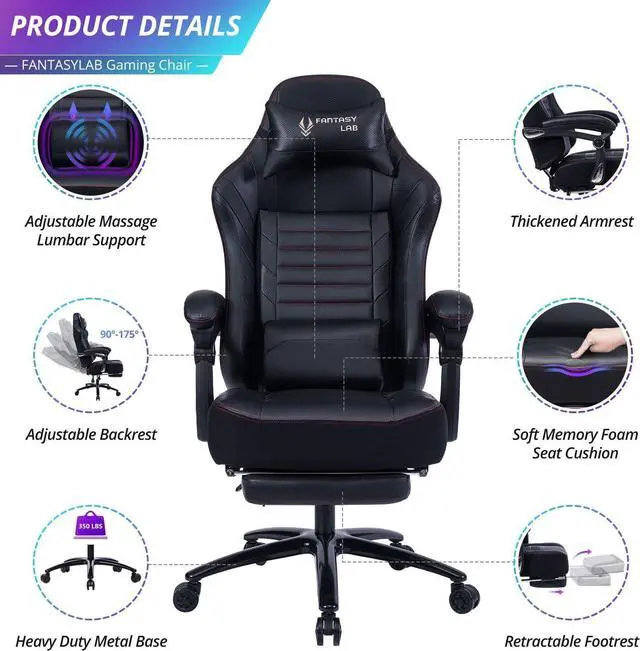 Alt view image 4 of 6 - Fantasylab Big and Tall Gaming Chair 400LBS Gaming Chair with Footrest Massage Gaming Chair Memory Foam Adjustable Tilt Back Angle Gaming Chair for Heavy People with Metal Base