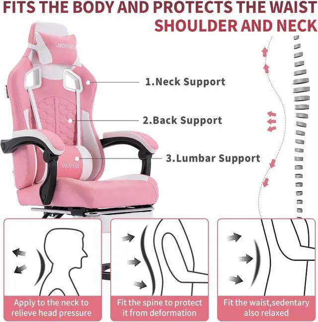 Alt view image 4 of 7 - Gaming Chair with Massage,Ergonomic PC Computer Chair with Footrest Comfortable Headrest and Lumbar Support,High Back PVC Leather,300LBS (Pink)