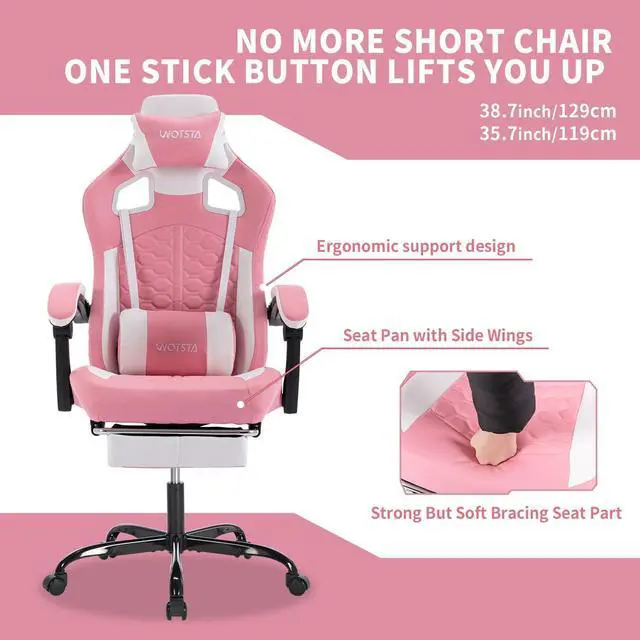 Alt view image 6 of 7 - Gaming Chair with Massage,Ergonomic PC Computer Chair with Footrest Comfortable Headrest and Lumbar Support,High Back PVC Leather,300LBS (Pink)