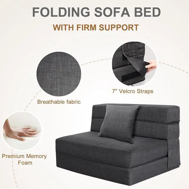 Alt view image 5 of 6 - Fold Sofa Bed Couch Twin Size with Pillow Memory Foam Convertible Sleeper Chair Bed Futon Lazy for Living Room/Home Office/Guest Beds/Apartment/Upstairs Loft,Dark Gray