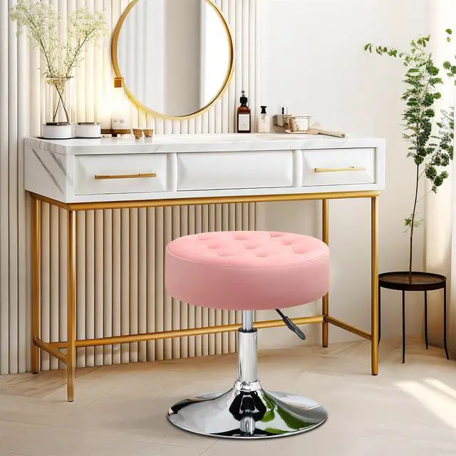 Alt view image 2 of 7 - Furnimart Pink Round Velvet Vanity Ottoman Stool, Contemporary Makeup Modern Accent Stool for Bedroom Living Room Entryway
