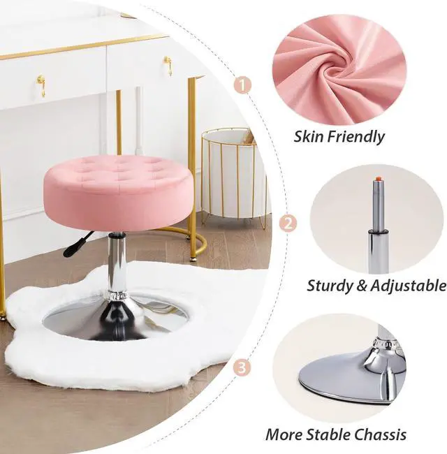 Alt view image 6 of 7 - Furnimart Pink Round Velvet Vanity Ottoman Stool, Contemporary Makeup Modern Accent Stool for Bedroom Living Room Entryway
