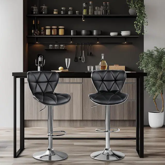 Alt view image 2 of 7 - Yaheetech Bar Stools Set of 2, Adjustable PU Leather Swivel Barstools with Shell Back, Bar Chairs with Footrest for Home Kitchen, Black