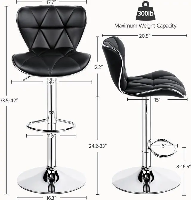Alt view image 3 of 7 - Yaheetech Bar Stools Set of 2, Adjustable PU Leather Swivel Barstools with Shell Back, Bar Chairs with Footrest for Home Kitchen, Black