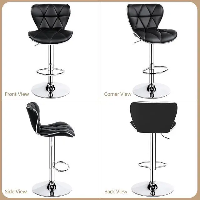 Alt view image 5 of 7 - Yaheetech Bar Stools Set of 2, Adjustable PU Leather Swivel Barstools with Shell Back, Bar Chairs with Footrest for Home Kitchen, Black